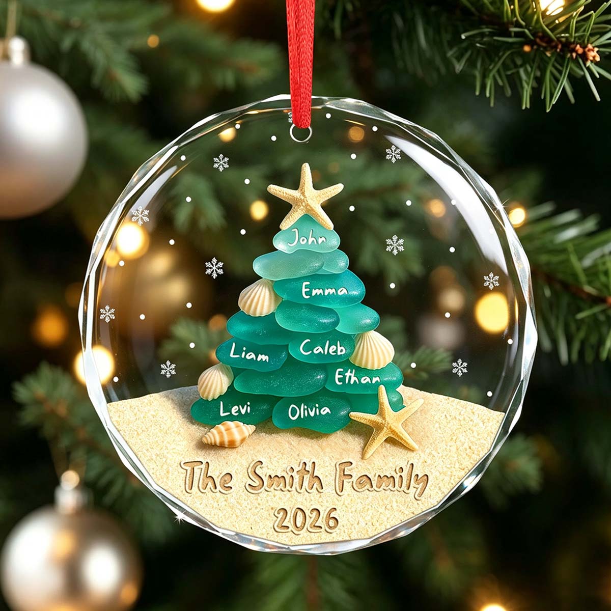 Personalized Sea Glass Family Tree Ornament, Xmas Keepsake Gift