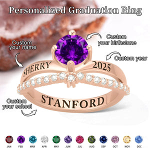 Personalized Birthstone Ring with Engraved Name Year and Text Dainty Jewelry Birthday Graduation