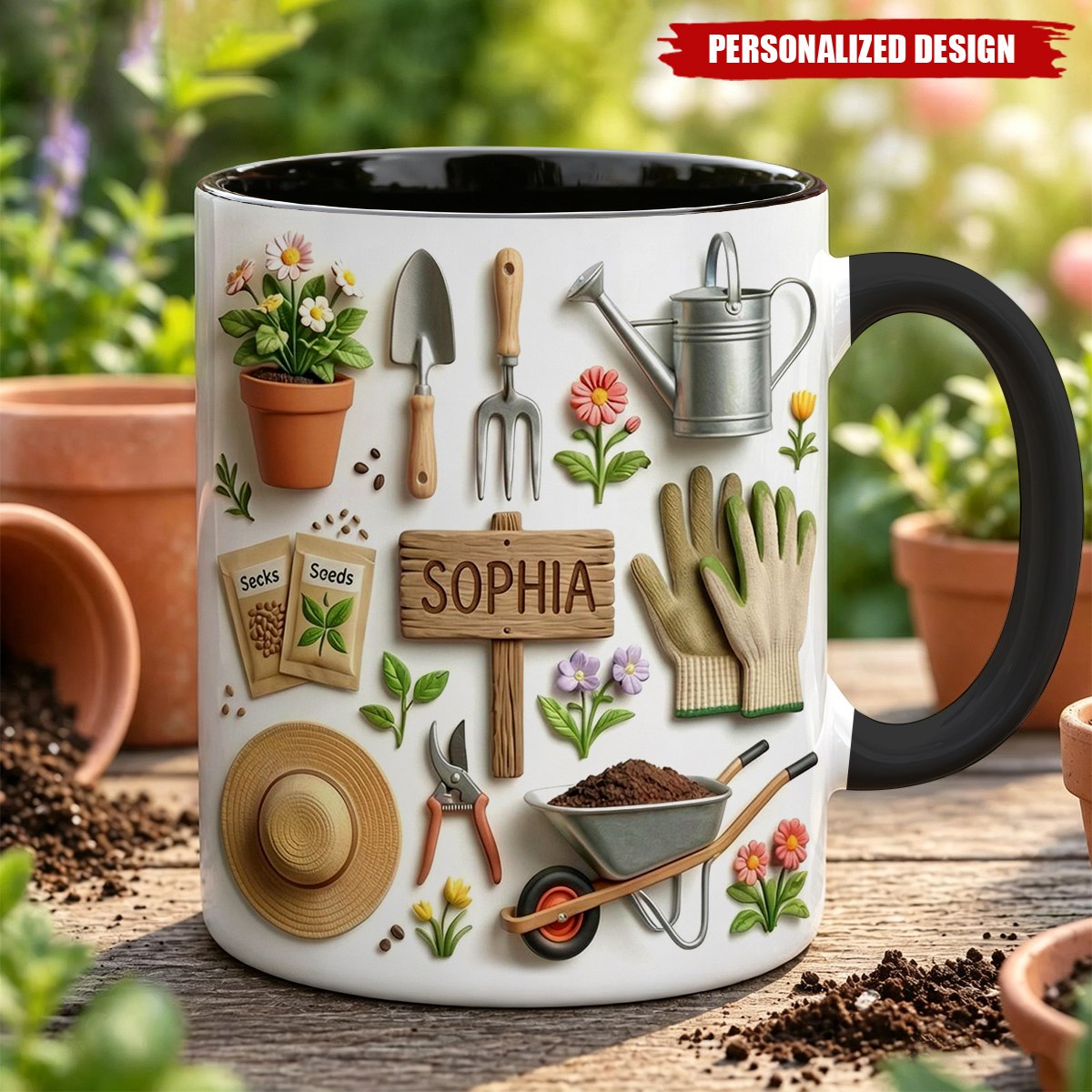 Gardening-Inspired Accent Mug, Custom Name Plants Coffee Mug