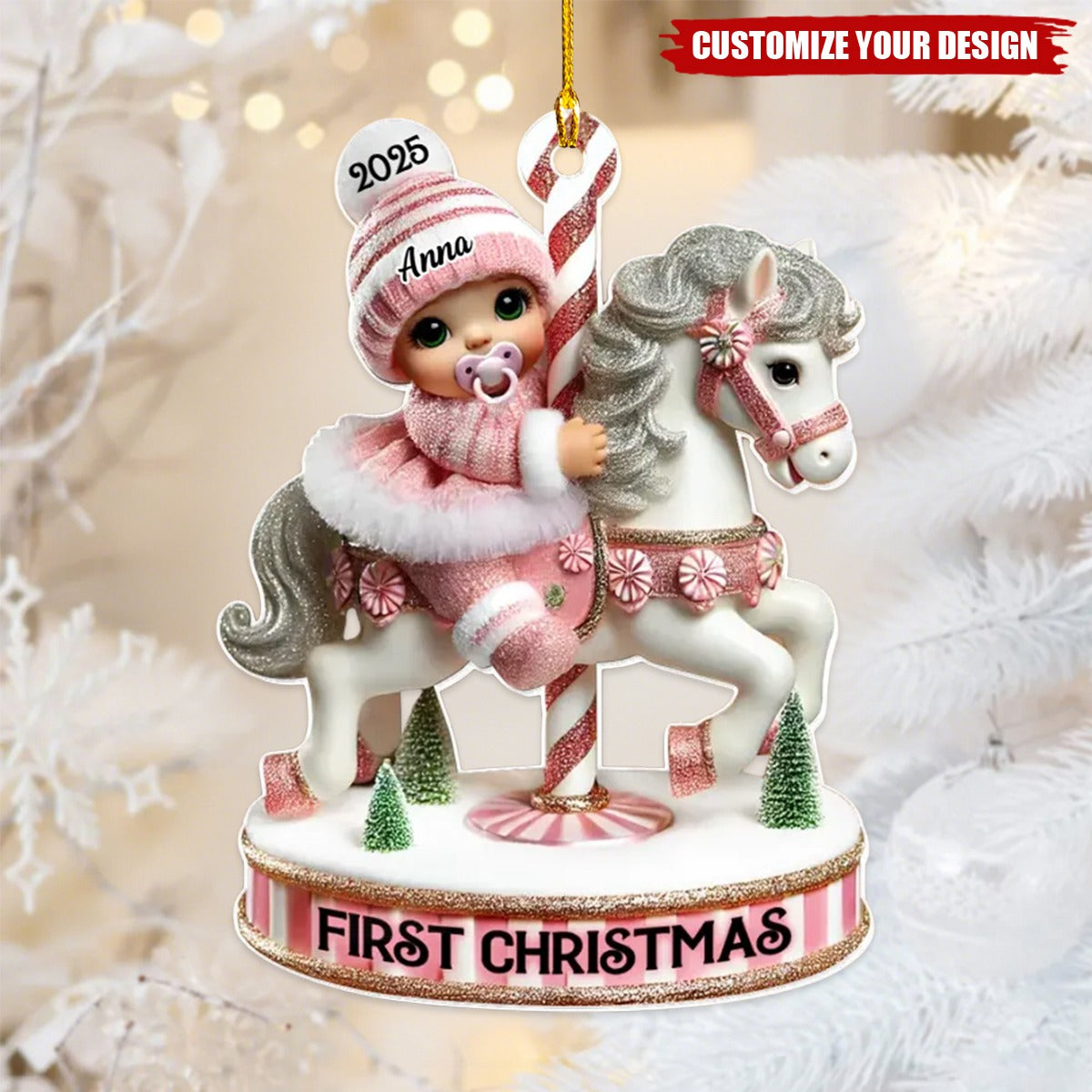 Baby's First Christmas Cute Baby On Carousel Horse Personalized Acrylic Ornament