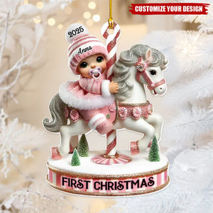 Baby's First Christmas Cute Baby On Carousel Horse Personalized Acrylic Ornament