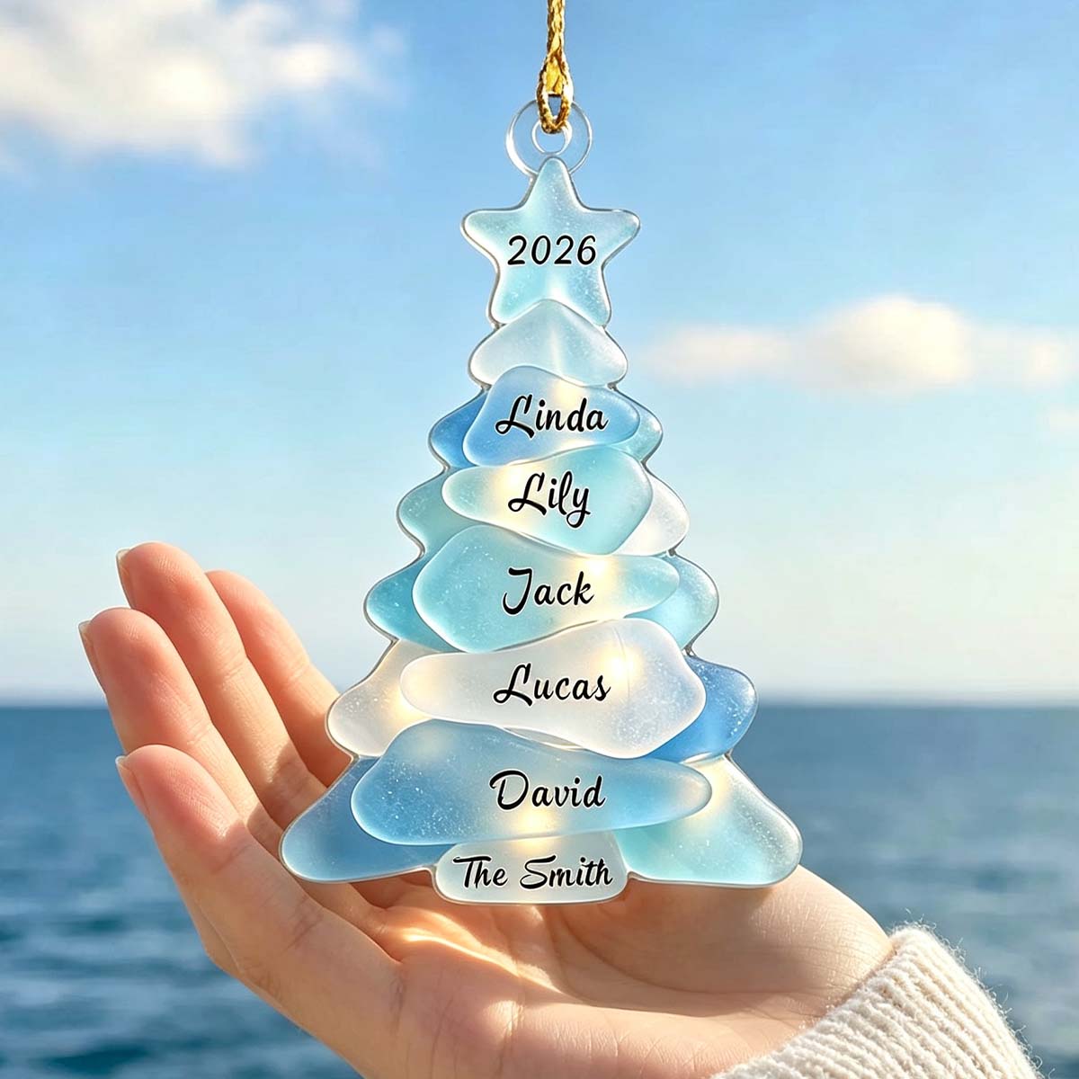 Personalized Sea Glass Tree Ornament, Custom Family Names Beach Christmas Gift