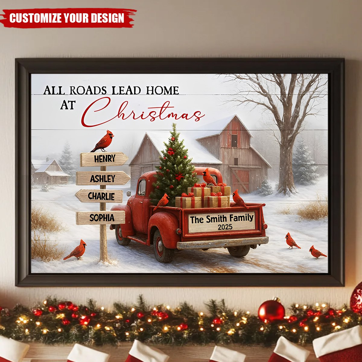 All Roads Lead Home at Christmas Rustic Farmhouse - Personalized Family Poster