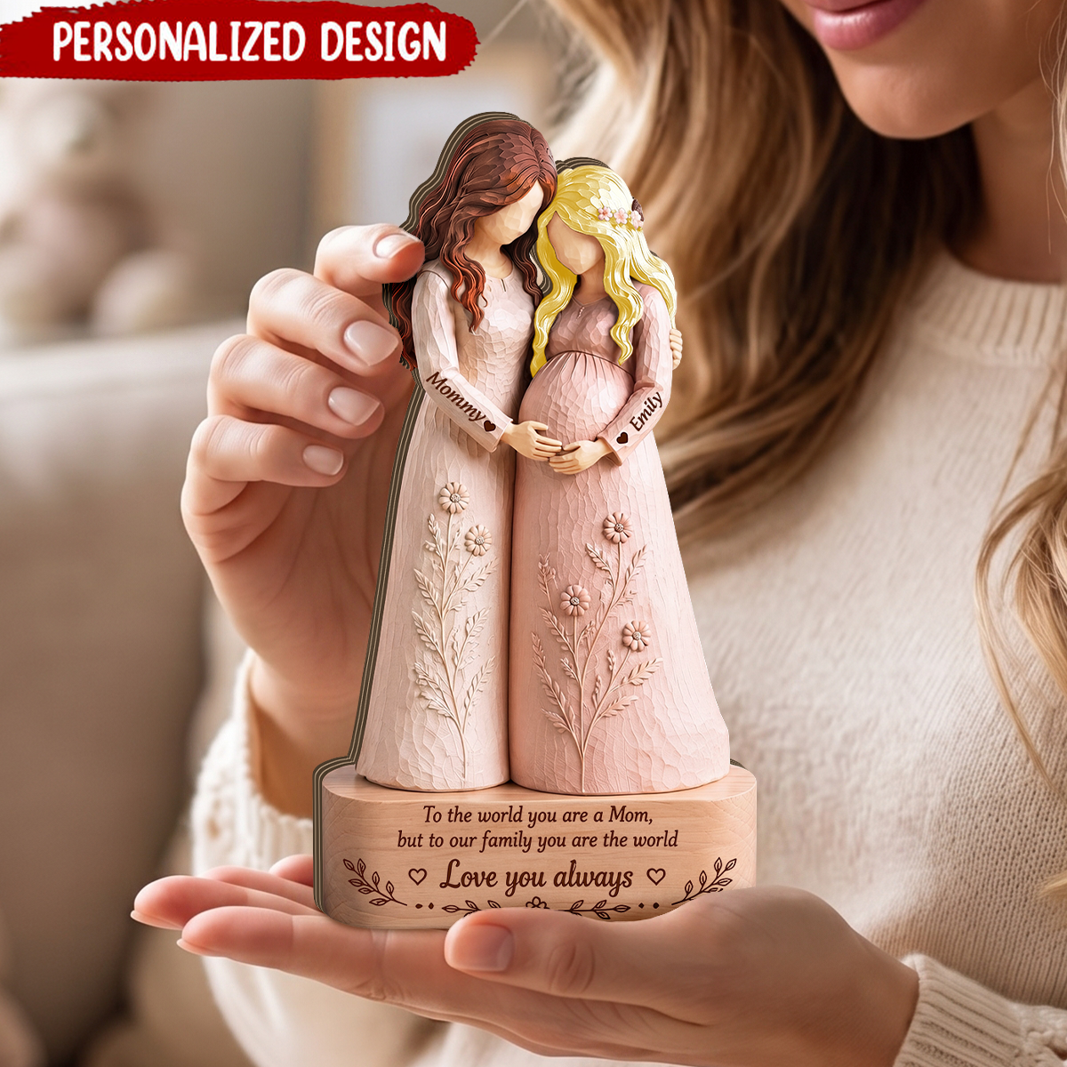 Personalized Mother Daughter Wooden Figurine, Pregnancy Keepsake Sculpture