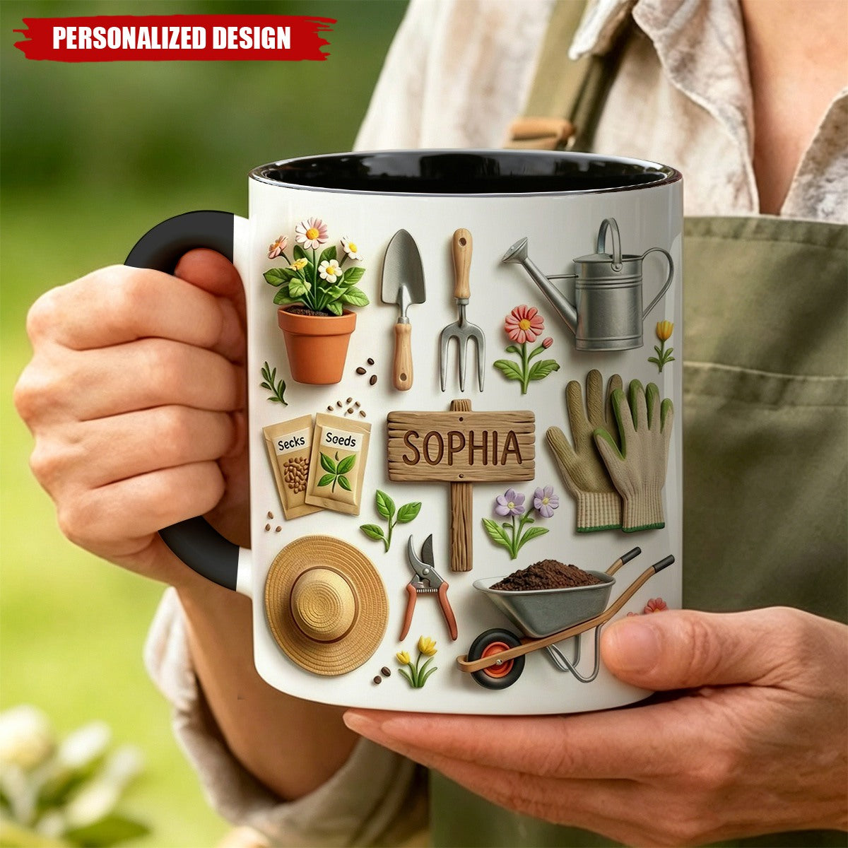 Gardening-Inspired Accent Mug, Custom Name Plants Coffee Mug