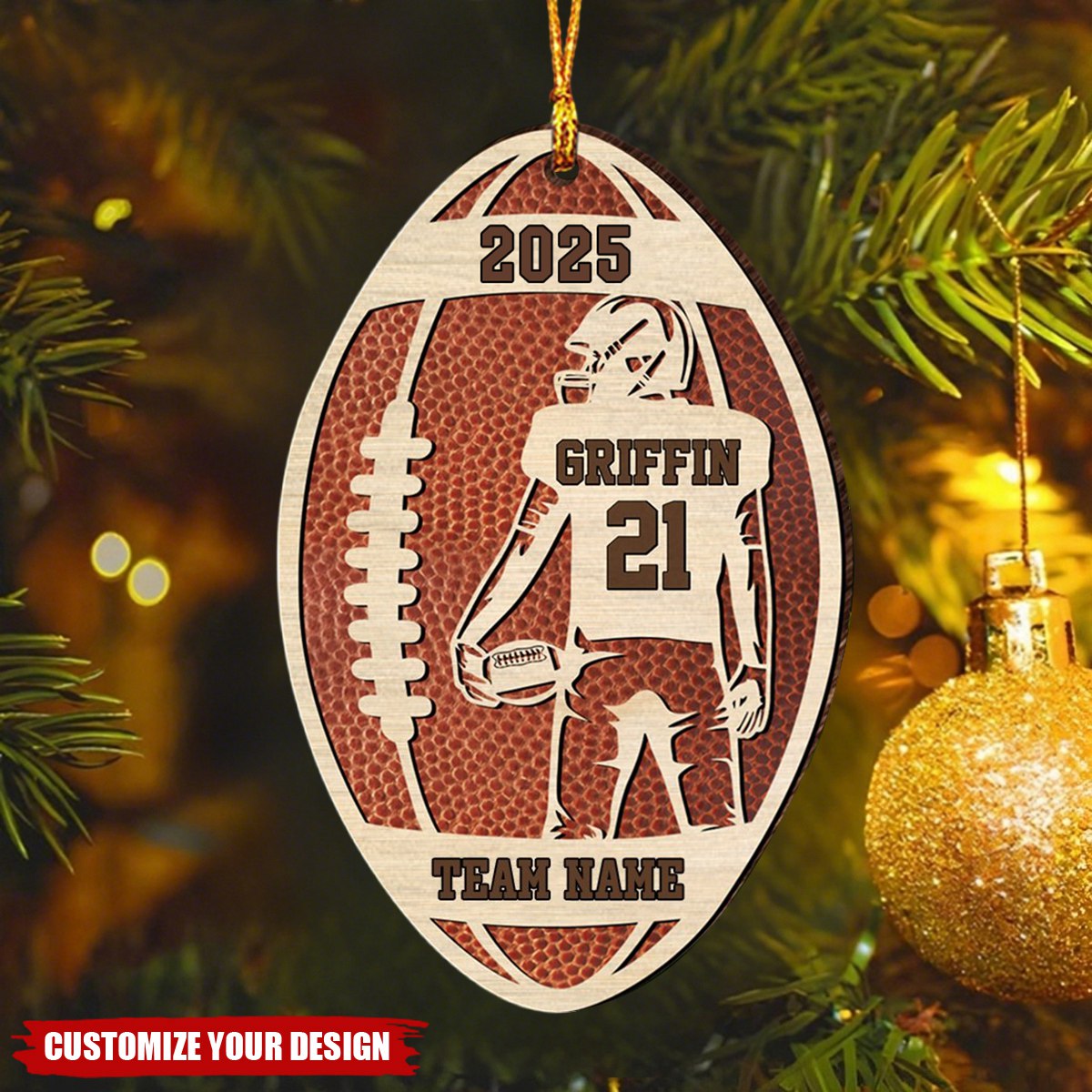 Personalized Football Player Wood Christmas Ornament