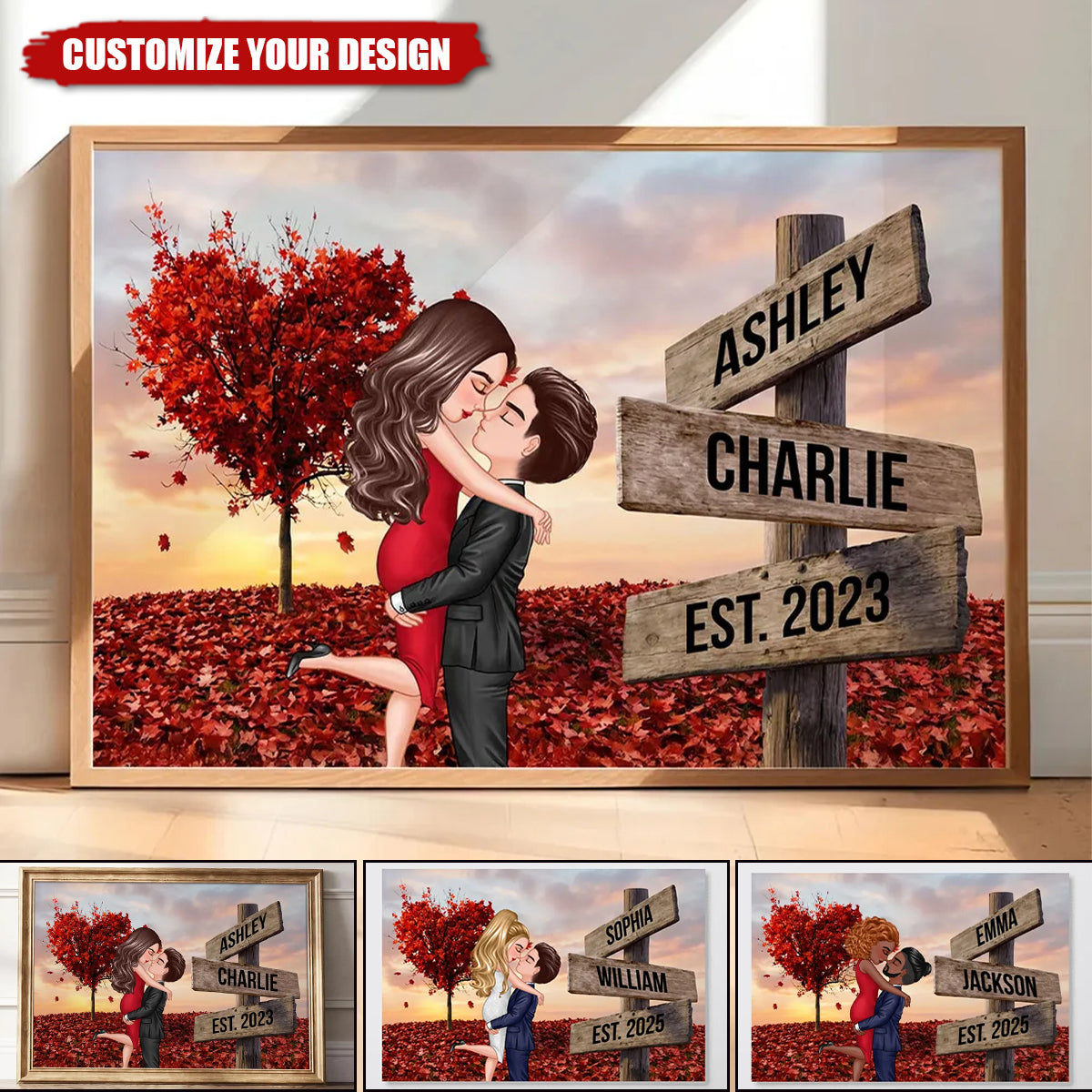 Personalized Couple Hugging Kissing Sign Post Poster, Heartfelt Gift For Couple
