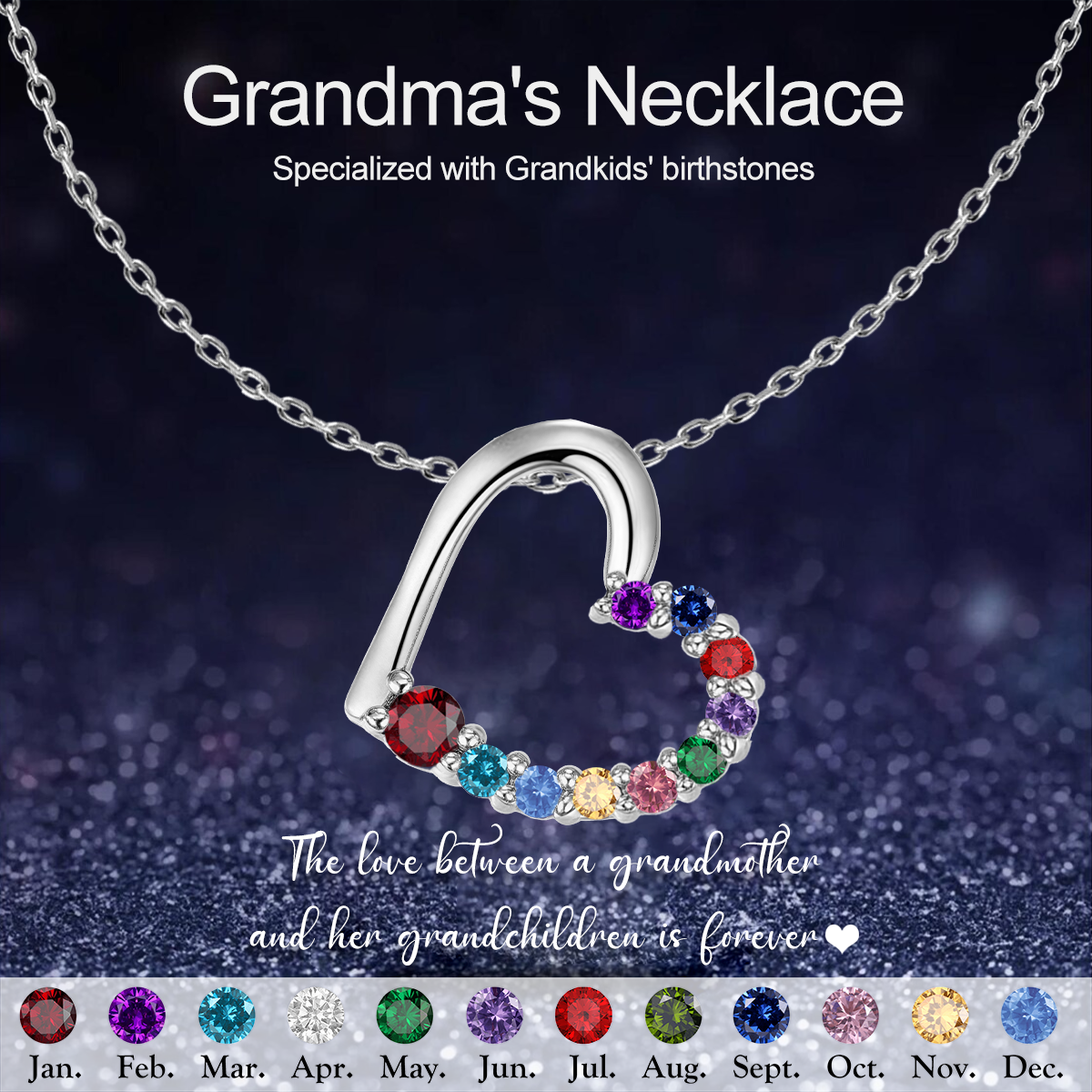 Personalized Family Birthstone Heart Necklace, Gift For Grandma Mom