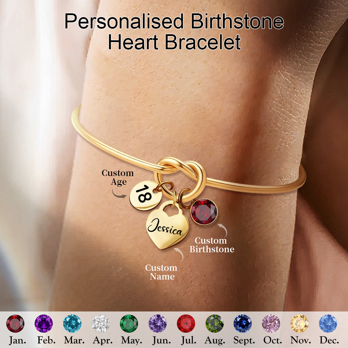 Personalized Birthstone Heart Bracelet, Milestone Birthday Gift