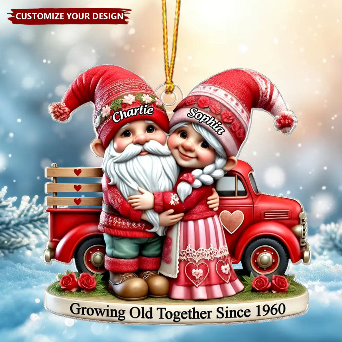 3D Effect Old Couple And Truck Personalized Christmas Ornament