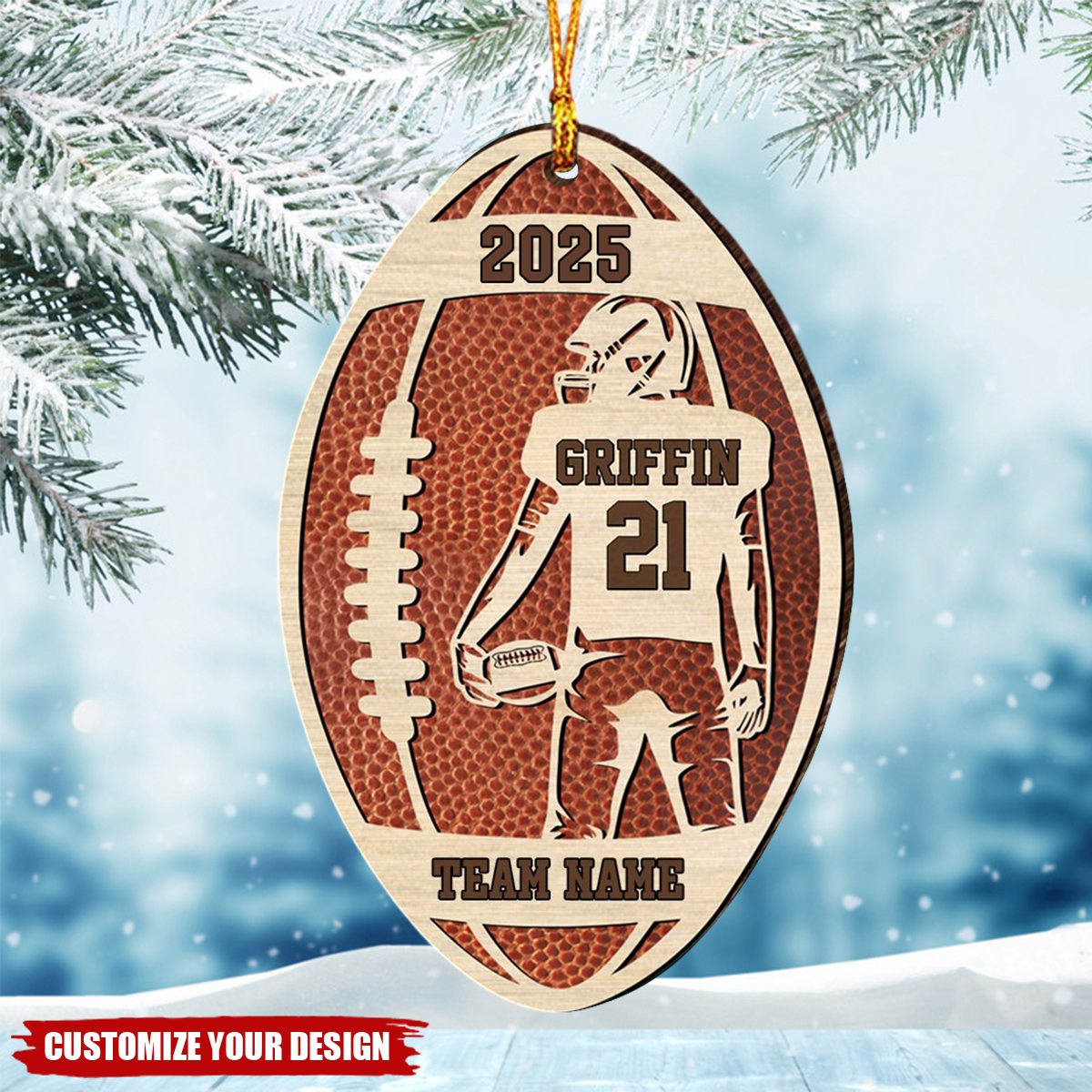 Personalized Football Player Wood Christmas Ornament