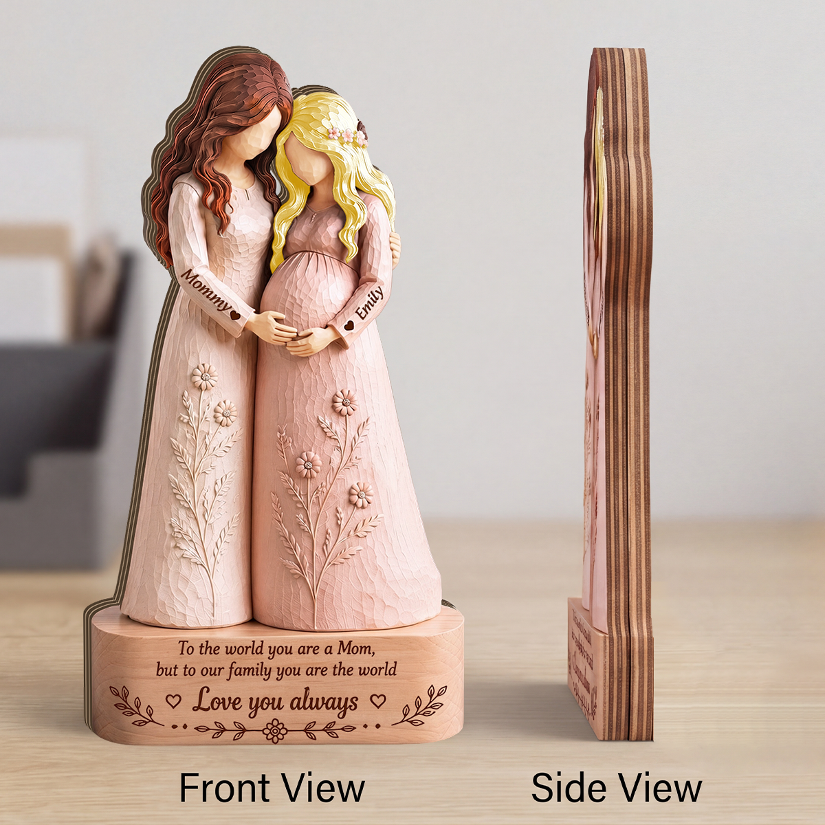 Personalized Mother Daughter Wooden Figurine, Pregnancy Keepsake Sculpture