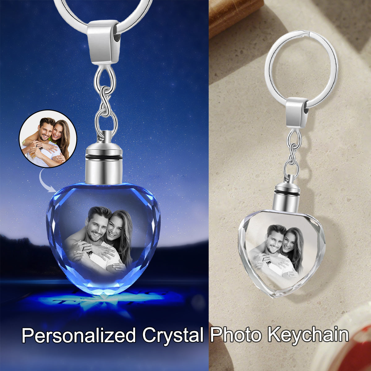 Personalized Custom Photo Keychain with LED Light, Laser Etched Memorial Gift