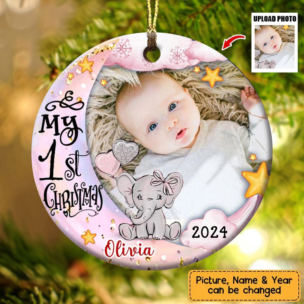 My First Christmas Elephant - Personalized Photo Ceramic Ornament