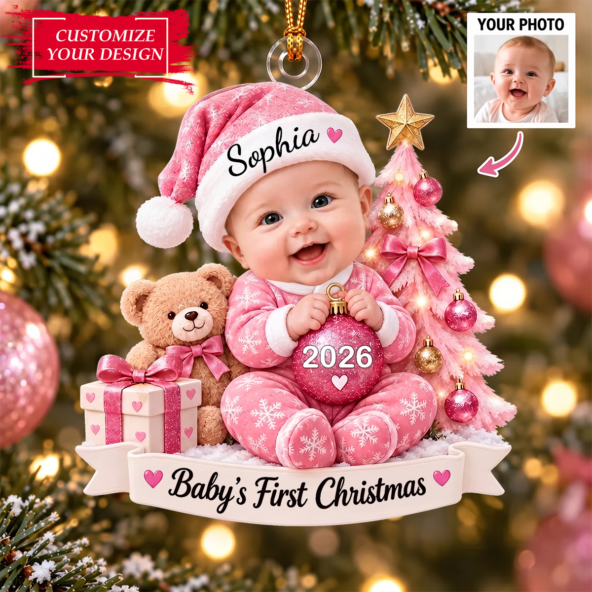 Personalized Baby First Christmas Ornament, Custom Face Photo Name