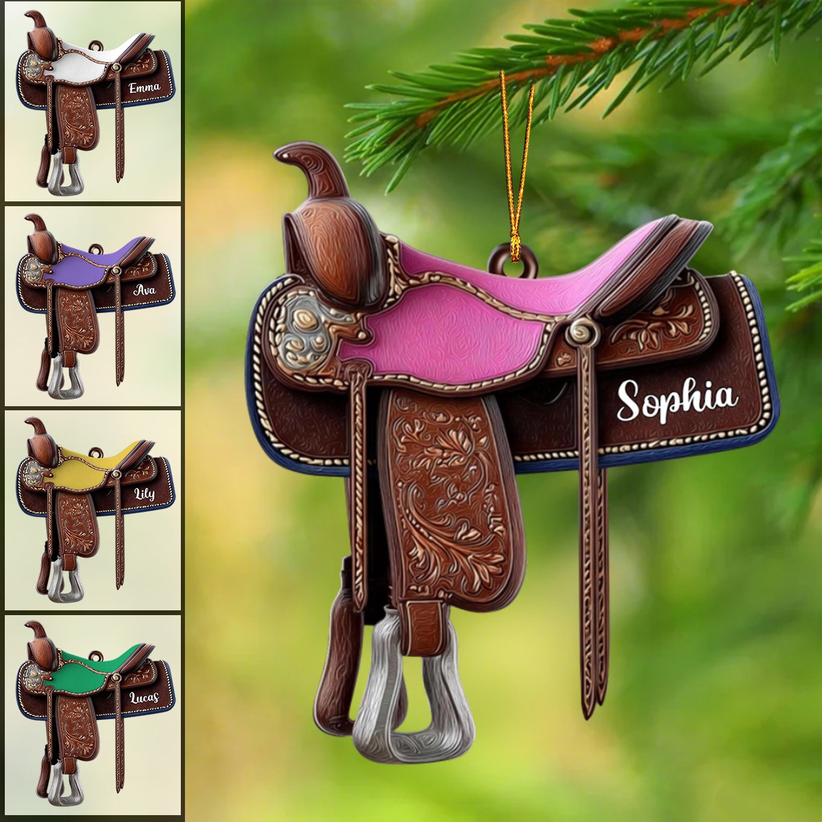 Custom Western Horse Saddle Acrylic Ornament, Rustic Equestrian Holiday Gift