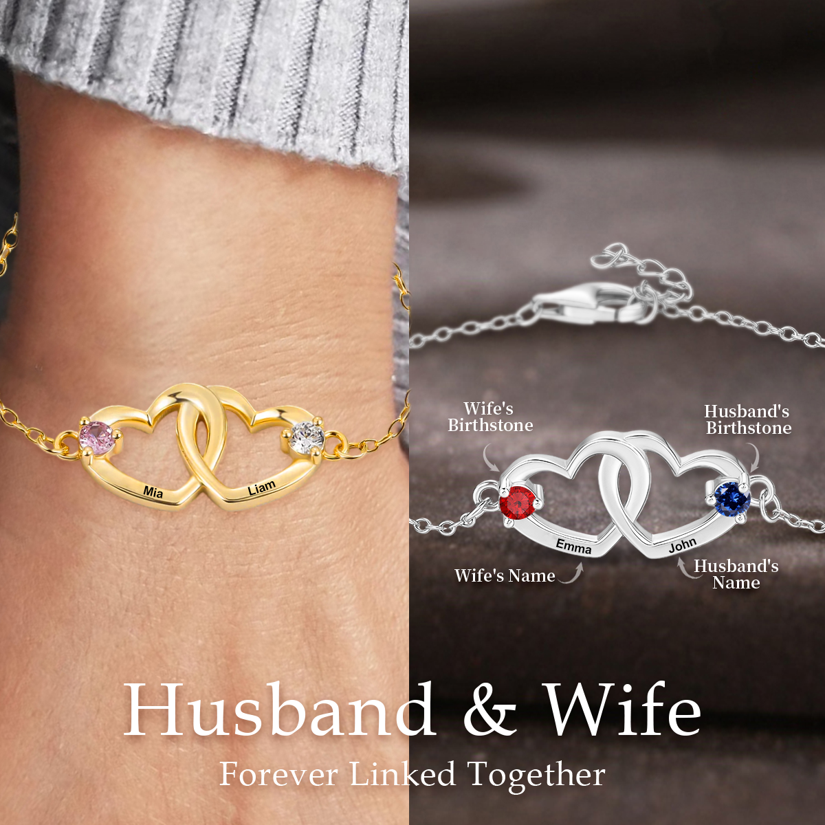 Personalized Heart Name Bracelet, Interlocking Heart Bracelet with Birthstone