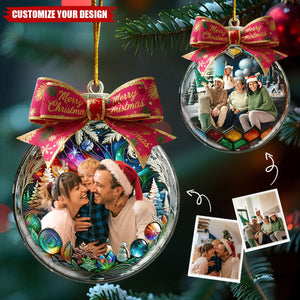 Custom Photo Family In Christmas Bow Ball - Personalized Photo Ornament