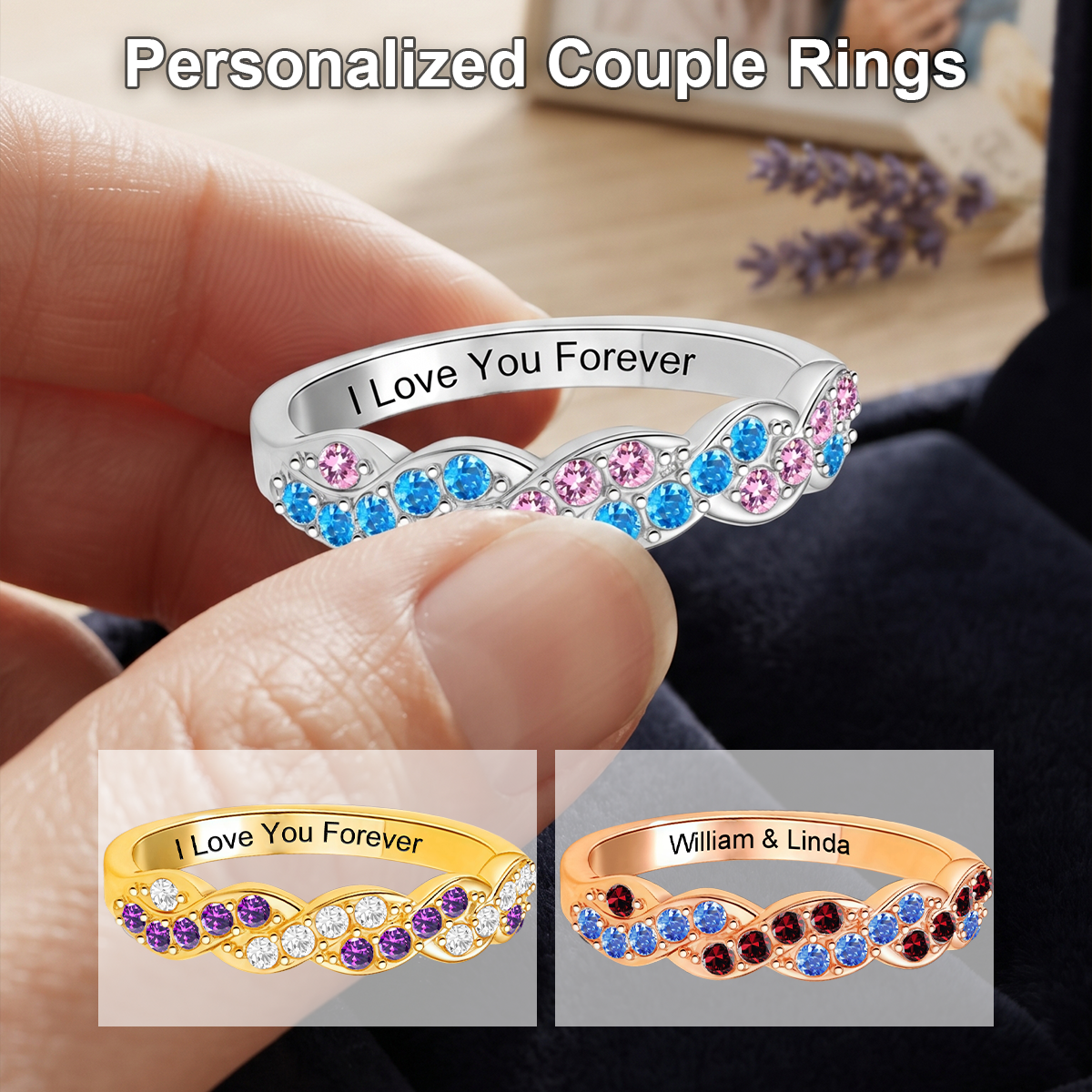I Love You Forever - Personalized Wave Birthstone Promise Ring