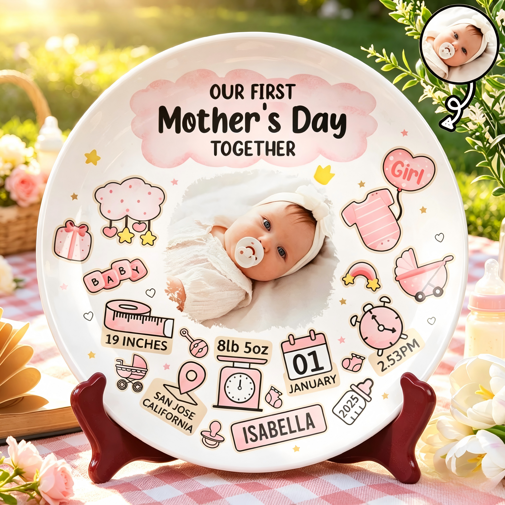 Custom Photo Our First Mother's Day Information Icon - Personalized Ceramic Plate
