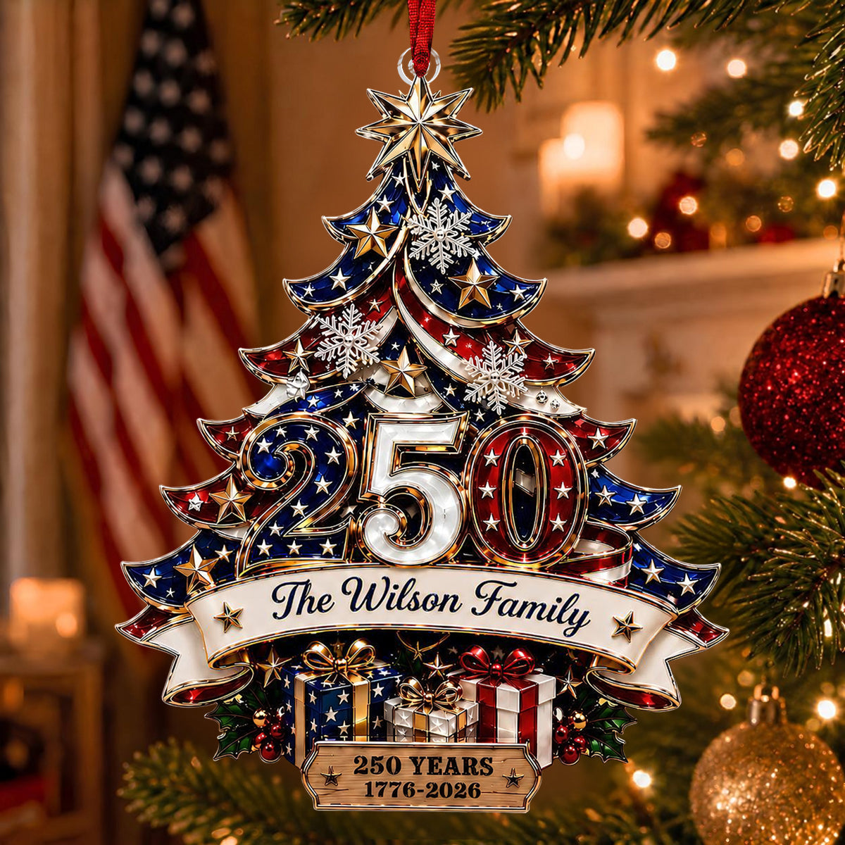 Custom 250th Anniversary Ornament, America Patriotic Family Christmas Tree Decor
