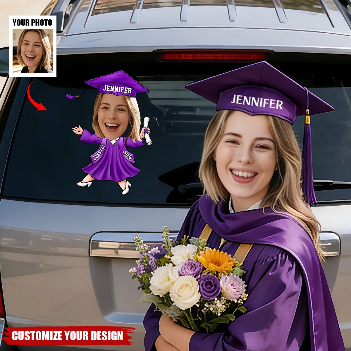Custom Funny Face Class of 2026 Graduation Car Window Decal Sticker