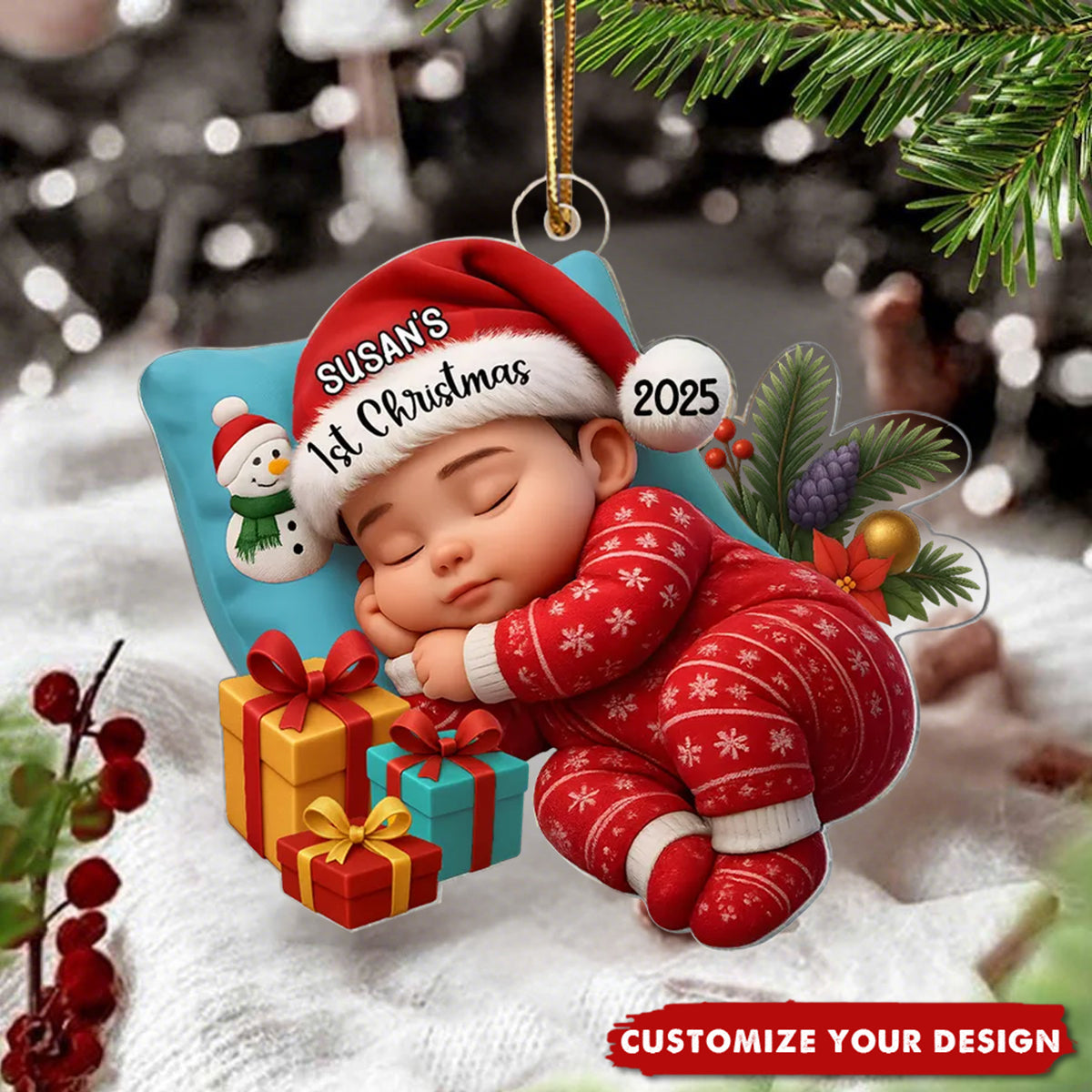 Sleeping Baby in Christmas Cheer Personalized Acrylic Ornament