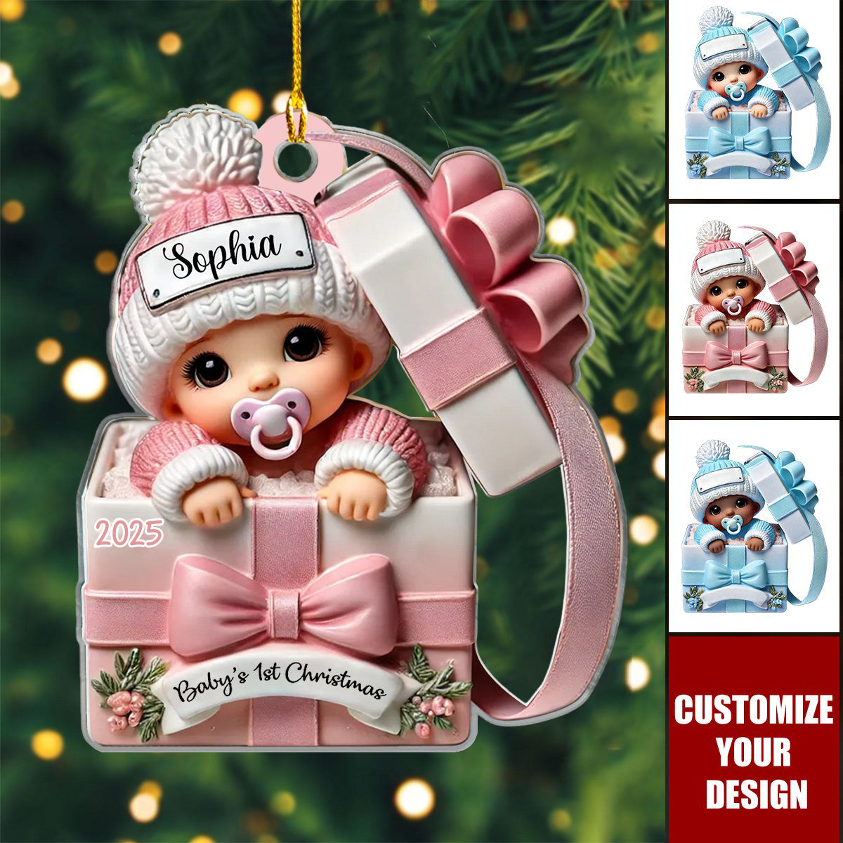 Baby Inside Gift Box 3D Effect Personalized Acrylic Ornament- Gift for Newborn