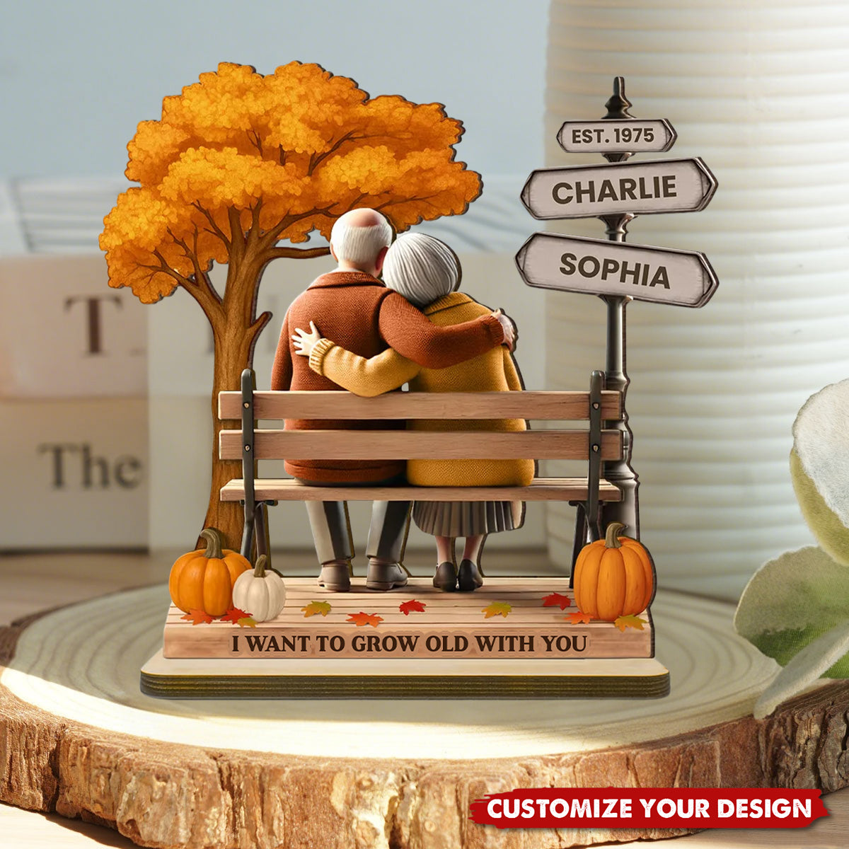 Custom Old Couple Fall Season Park, Romantic Personalized Standing Wooden Plaque