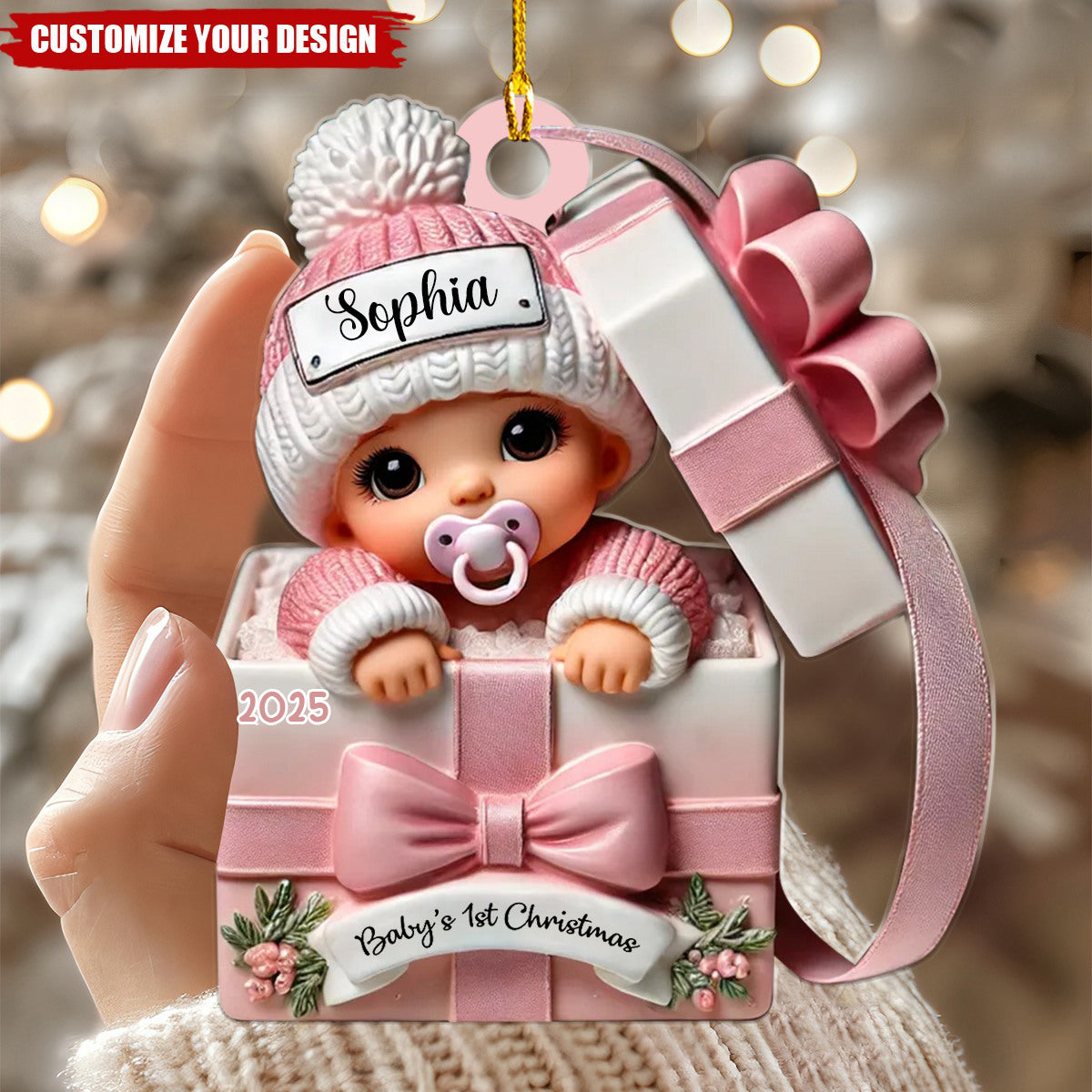 Baby Inside Gift Box 3D Effect Personalized Acrylic Ornament- Gift for Newborn