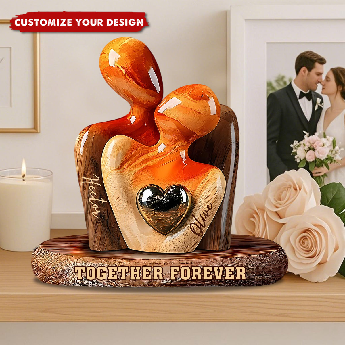 Elegant Couple Statue with Heart Inlay - Personalized Couple Plaque
