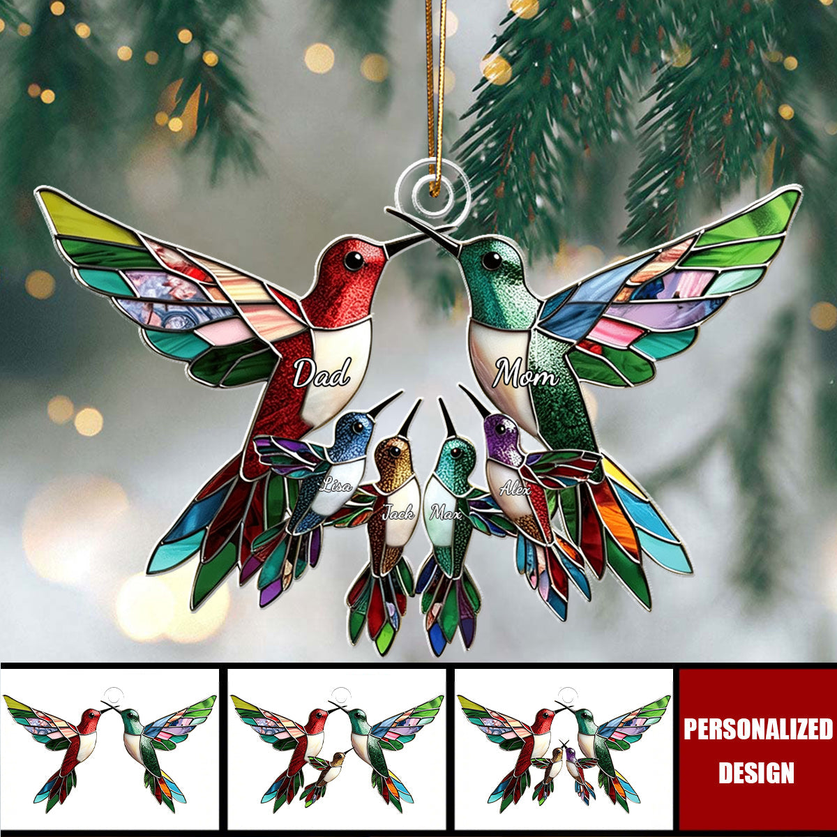Personalized Hummingbird Christmas Tree Ornament, Custom Family Name Christmas Gift