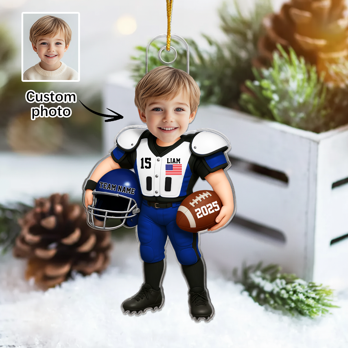 Custom Photo Baby Football Ornament, Personalized Football Kids Keepsake