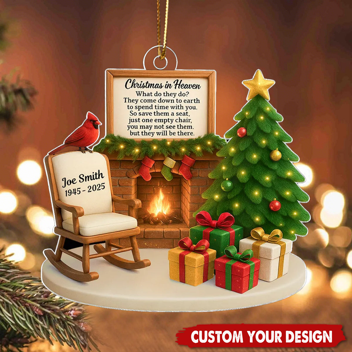 Christmas In Heaven Cardinal On Chair 3D Effect Personalized Acrylic Ornament