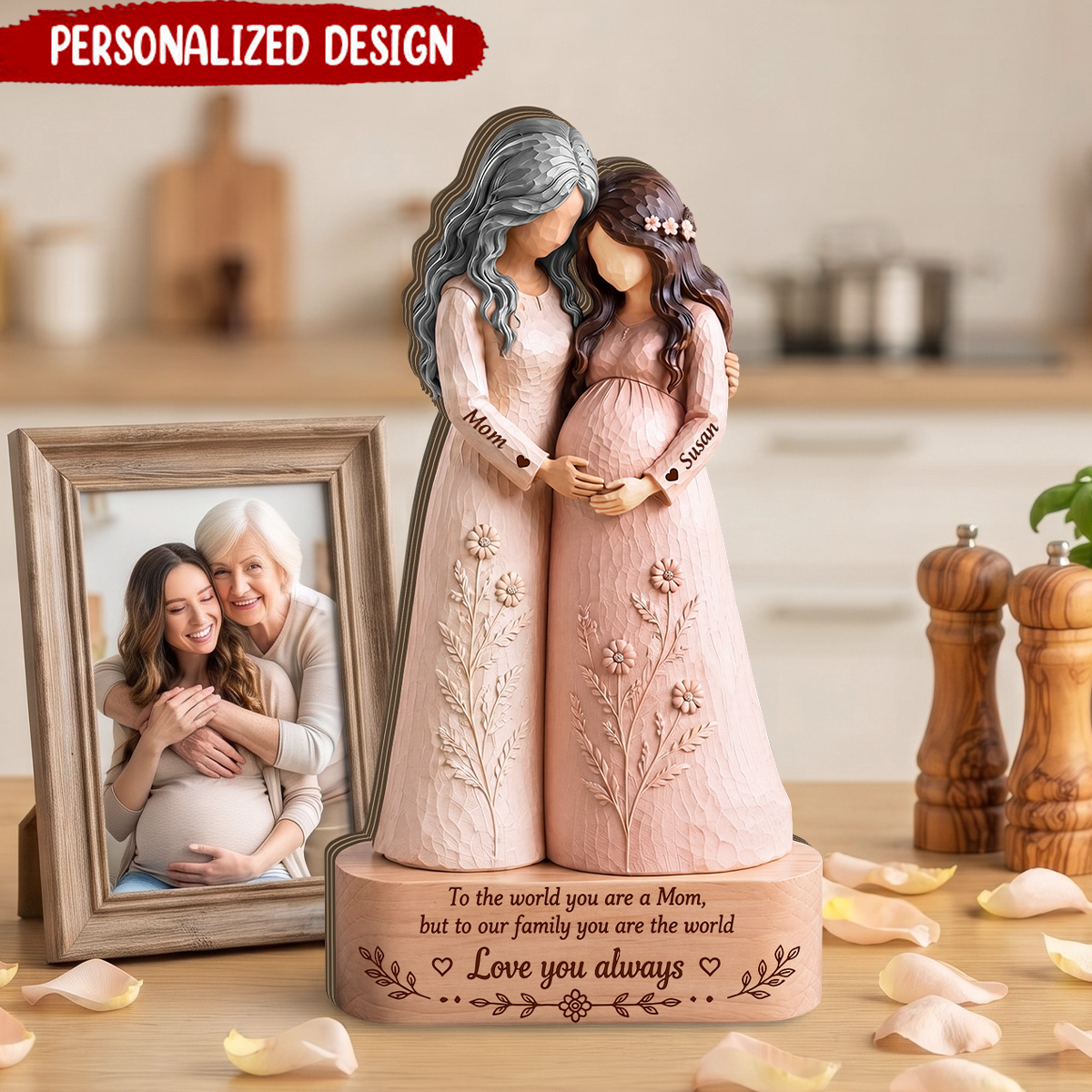 Personalized Mother Daughter Wooden Figurine, Pregnancy Keepsake Sculpture