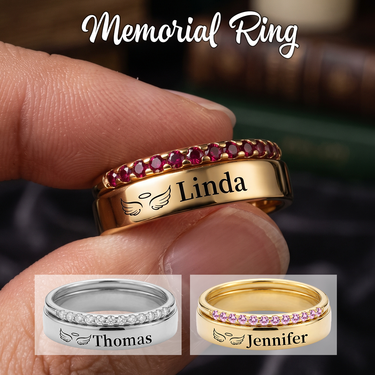 Personalized Memorial Name Birthstone Stackable Ring
