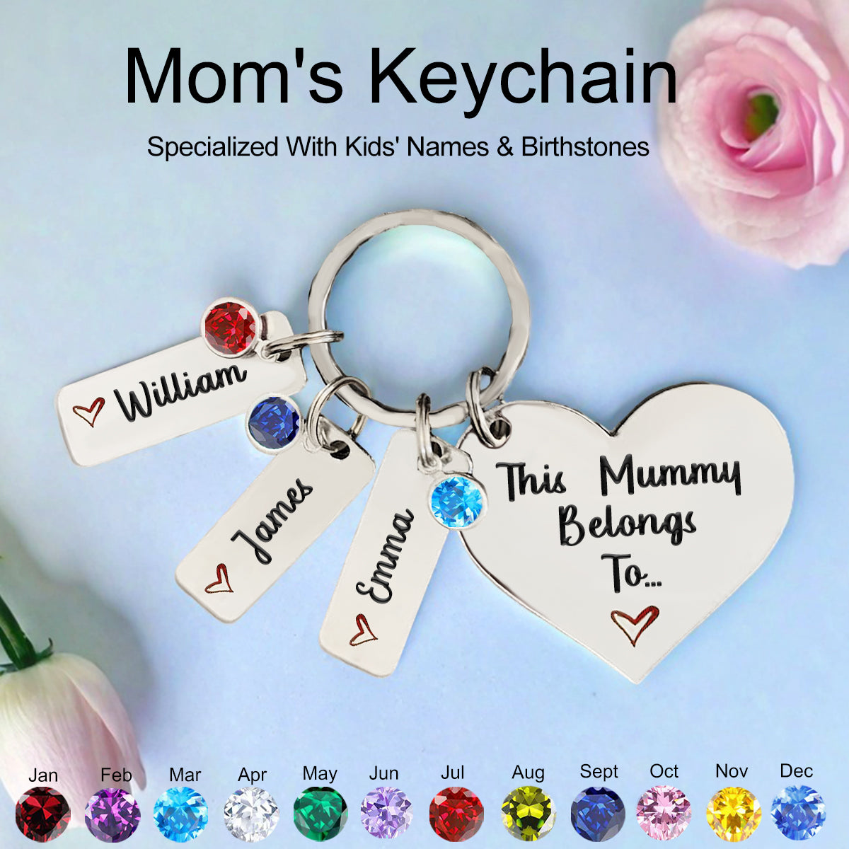 Personalized Engraved Birthstone Keychain, Gift for Mom Grandma