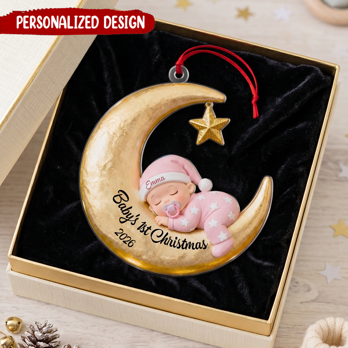 Baby's 1st Christmas Ornament, Custom Moon Sleeping Acrylic Keepsake