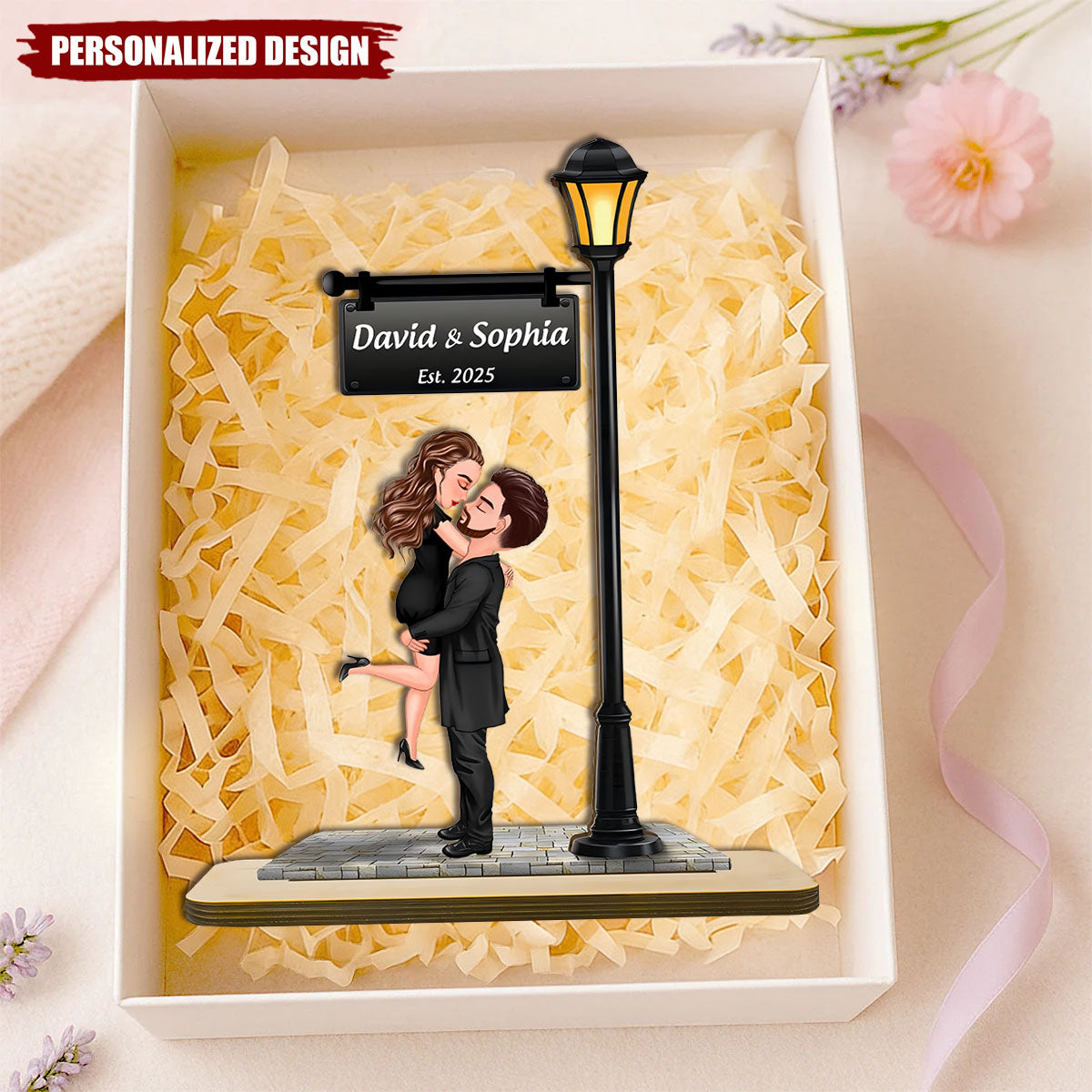 Couple Kissing Under Lamp Post Forever Love - Personalized Wooden Plaque