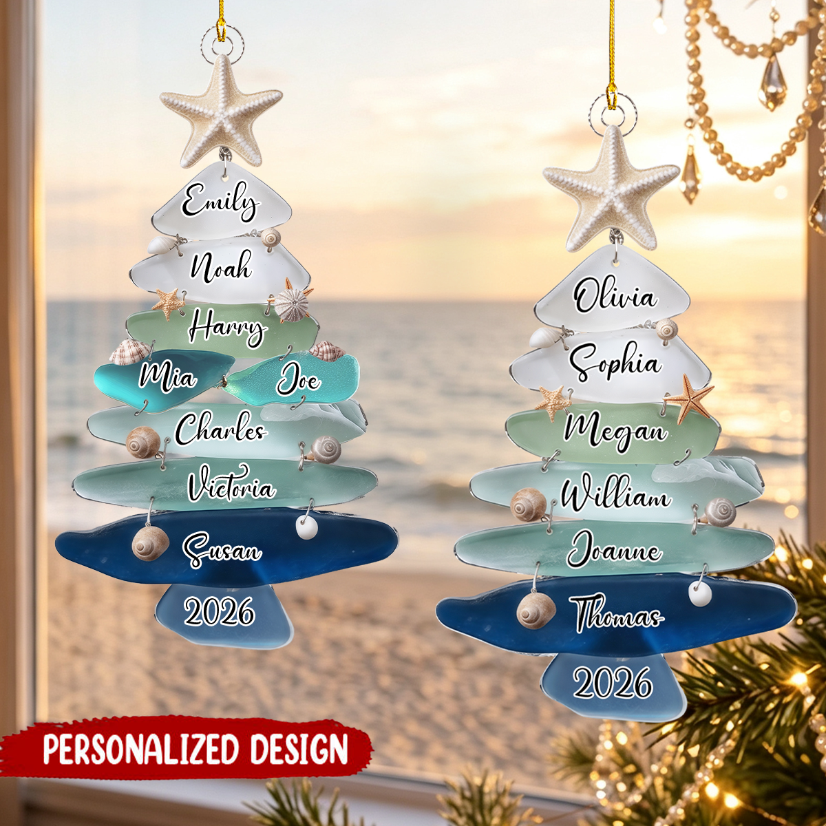 Personalized Sea Glass Family Tree Ornament, Custom Family Name Christmas Gift
