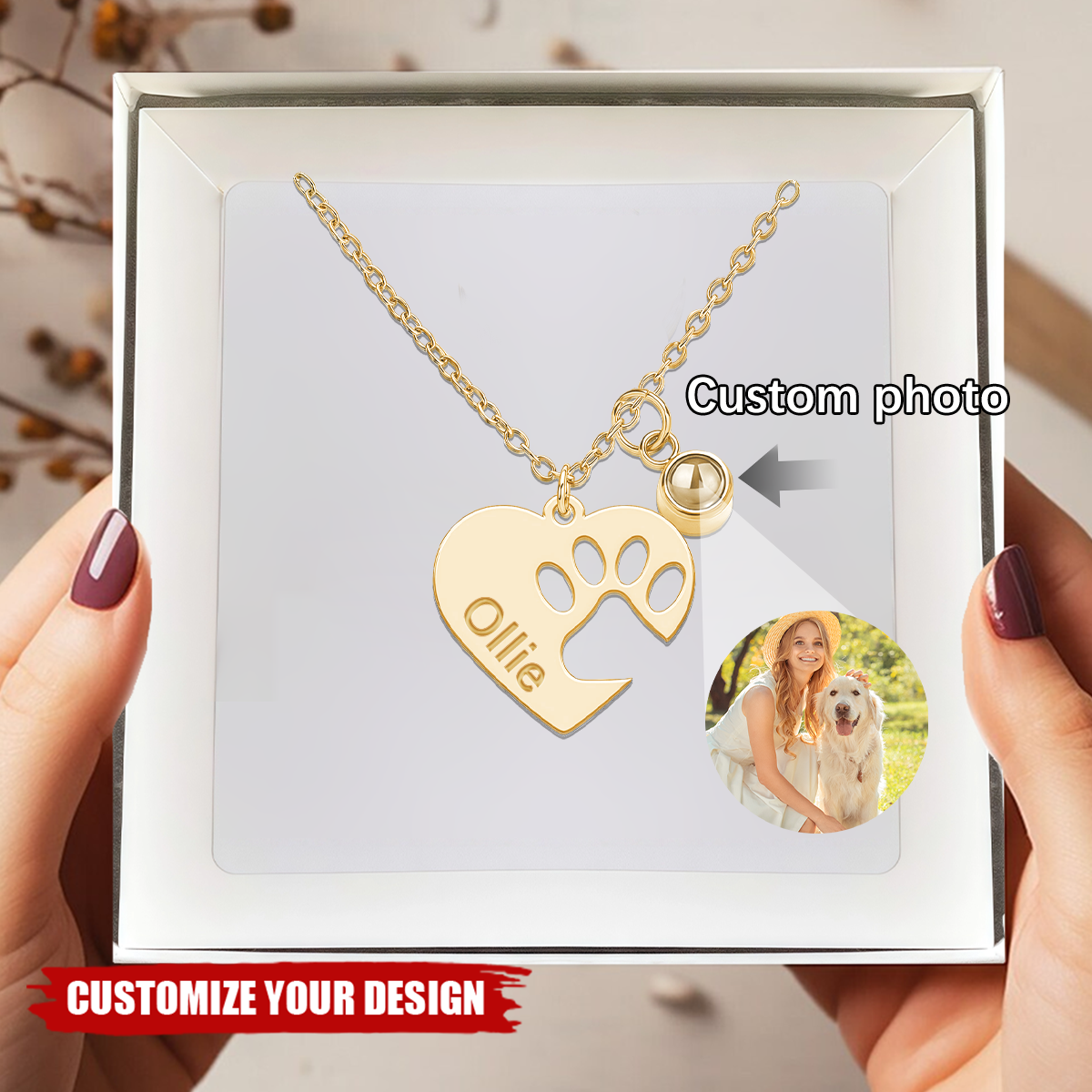 Personalized Paw Name Projection Necklace with Heart, Projection Photo Necklace