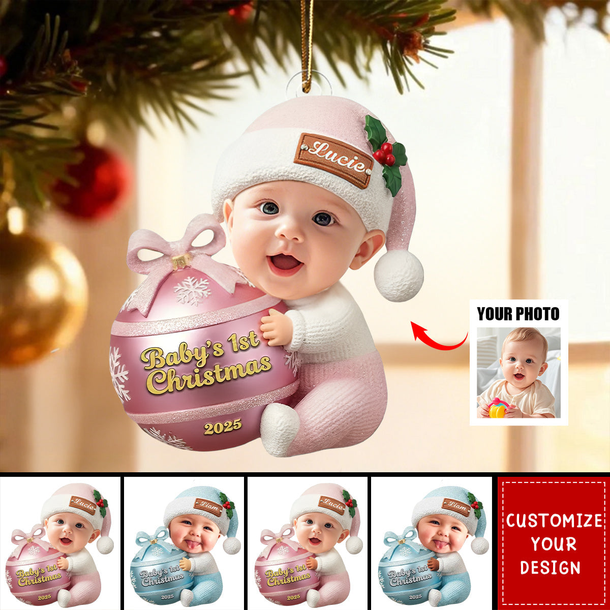 Custom Photo Newborn Ornament, Personalized Baby’s First Christmas Ornament