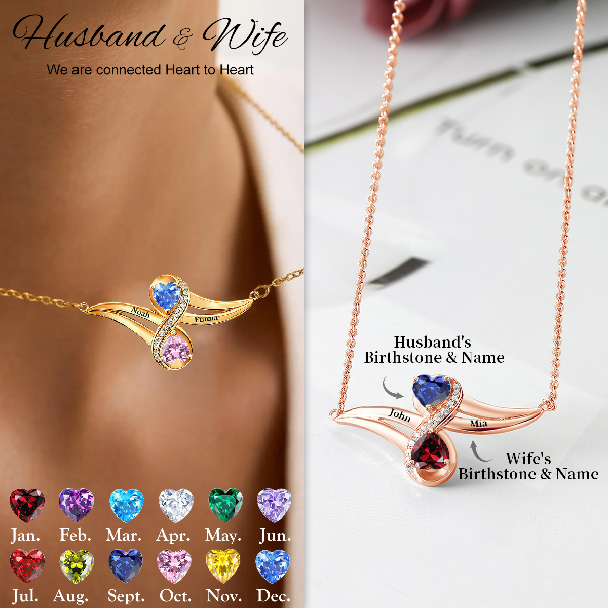 Together Forever - Personalized Love Heart Birthstone Necklace
