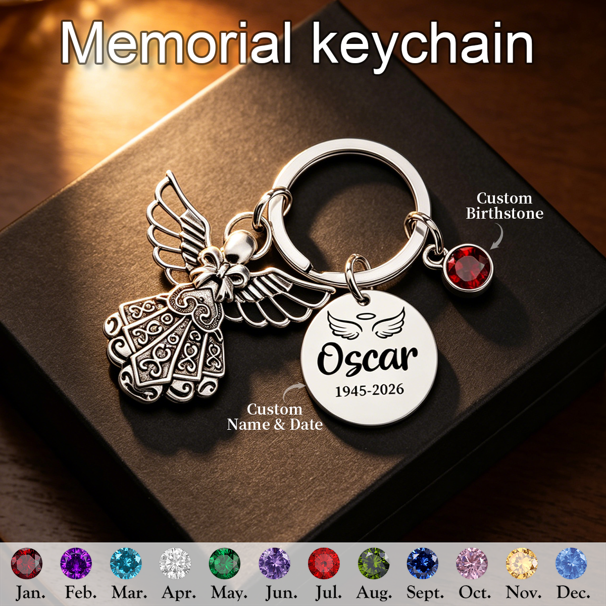 Always In My Heart, Personalized Angel Birthstone Memorial Keychain