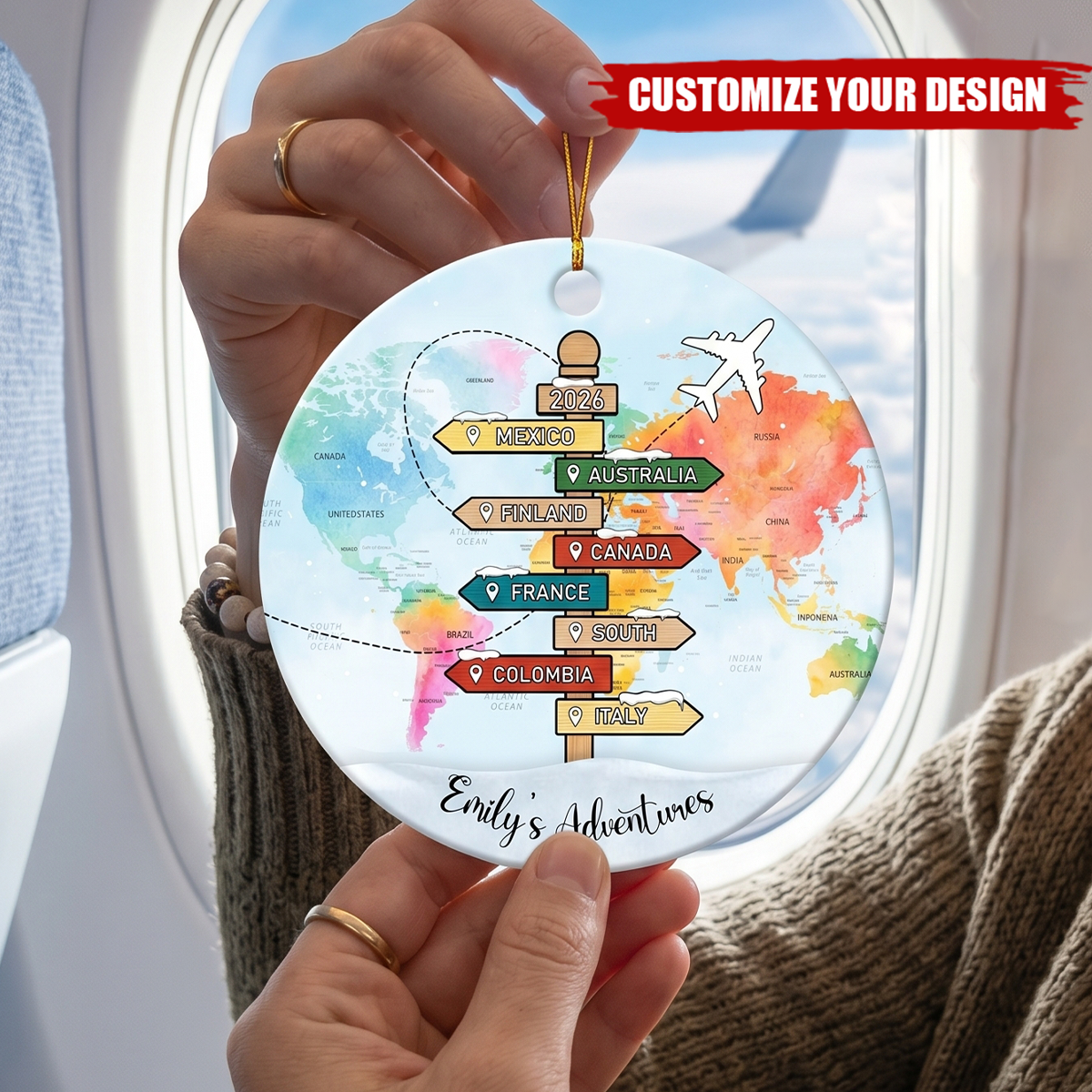 Personalized Traveling Destination Ornament, Travel Adventure Ornament