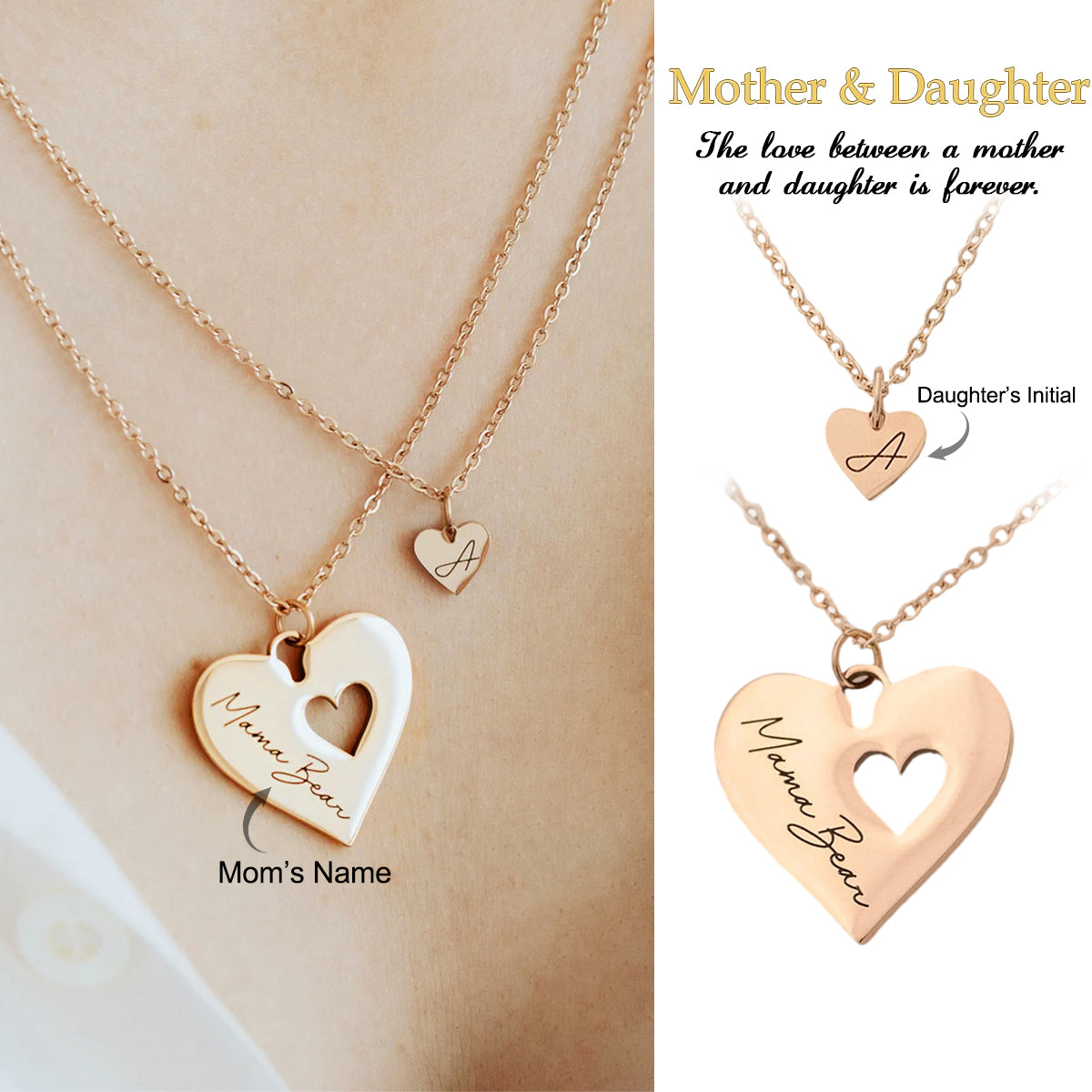 Personalized Mother Daughter Heart Necklace Set Custom Name, Mom's Jewelry Gift