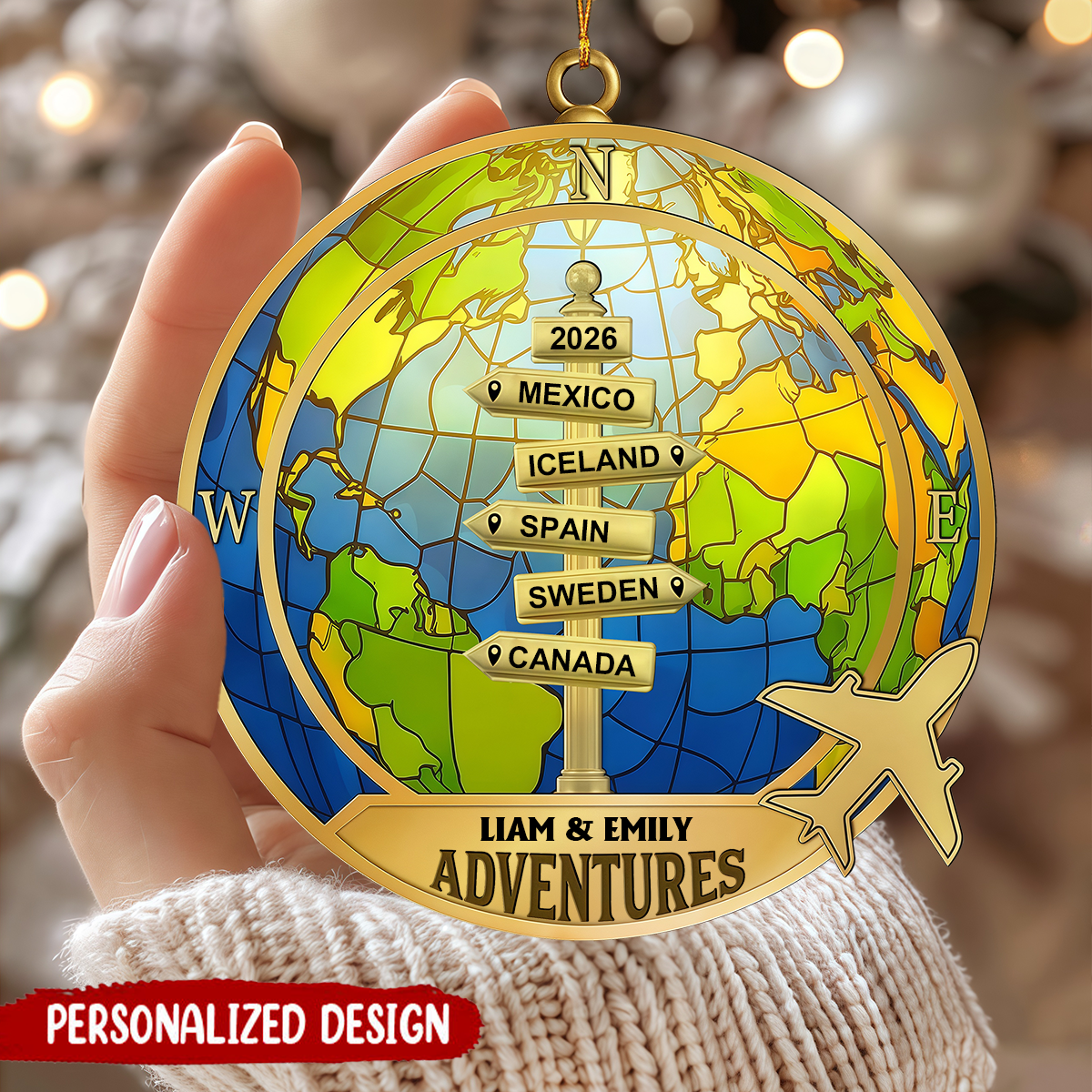 Personalized Couple World Map Ornament,  Travel Adventure Keepsake