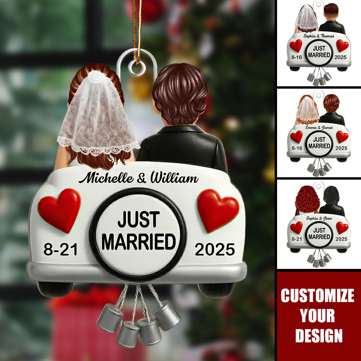 3D Effect Just Married Couple First Christmas Personalized Acrylic Ornament