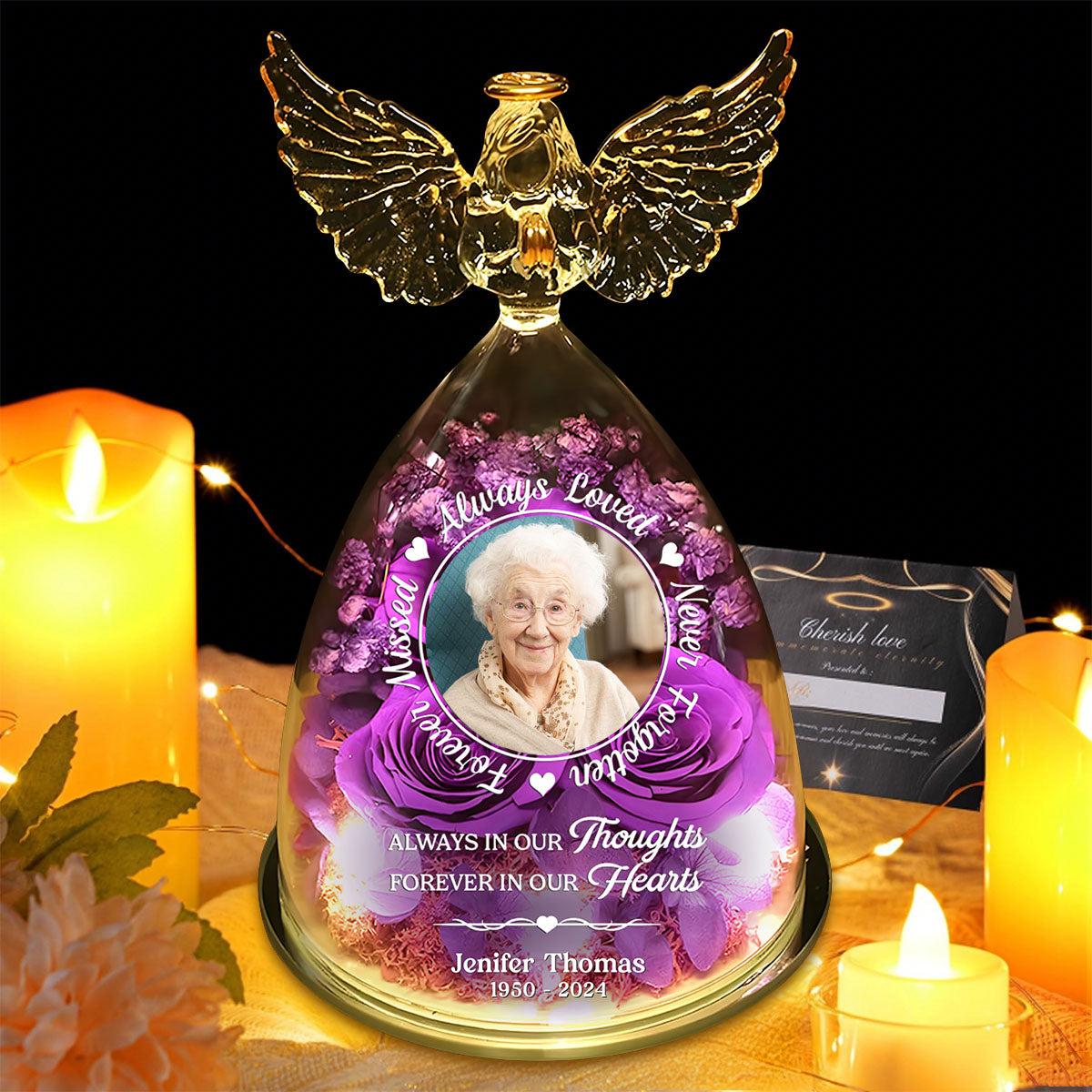 Always In Our Thought - Personalized Photo Angel Dome With Preserved Flowers