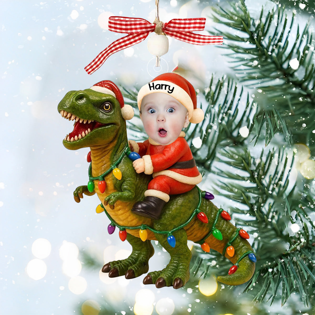 Baby's Christmas - Custom Photo With Dinosaur Ornament